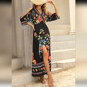 Floral Print Cold Shoulder Split Thigh Dress